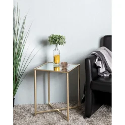 Table d'appoint Dorée en Métal laqué et plateau en miroir