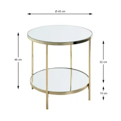 Table d'appoint en métal laitonné et étagères en verre miroir