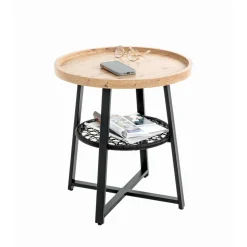 Table d’appoint en noir, plateau en MDF décor chêne