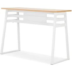 Table de bar haute 'NIKI' en bois finition naturelle et pied en métal blanc