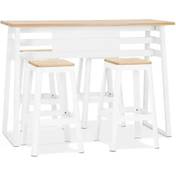 Table de bar haute 'NIKI' en bois finition naturelle et pied en métal blanc