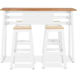 Table de bar haute 'NIKI' en bois massif et pied en métal blanc