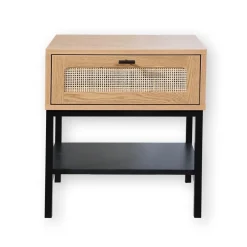 Table de Chevet 1 Tiroir Rotin avec Étagère en bois Beige