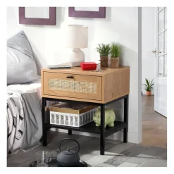 Table de Chevet 1 Tiroir Rotin avec Étagère en bois Beige