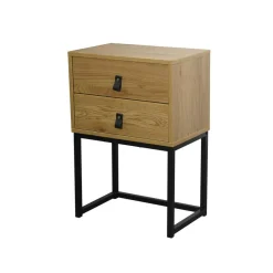 Table de Chevet 2 tiroirs pieds métal effet chêne en bois Beige