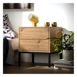 Table de Chevet 2 Tiroirs Décor Bois en bois Beige