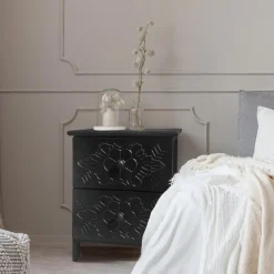 Table de chevet sculptée style marocain Chevignon Bois Noir