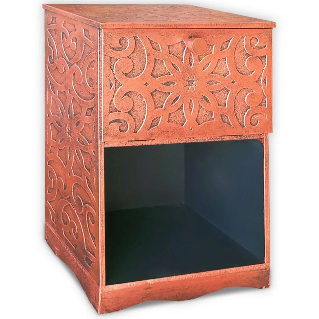 Table de chevet style oriental bois sculpté 1 porte Monbolyto Bois Cuivre