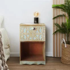 Table de chevet style oriental bois sculpté 1 porte Monbolyto Bois Gris