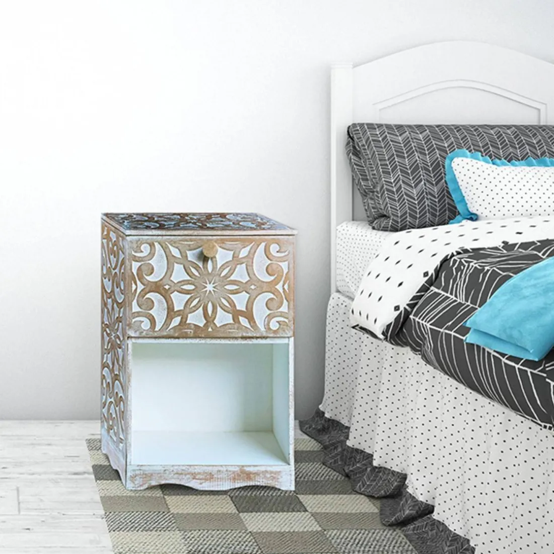 Table de chevet style oriental bois sculpté 1 porte Monbolyto Blanc patiné or