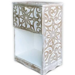 Table de chevet style oriental bois sculpté 1 porte Monbolyto Blanc patiné or