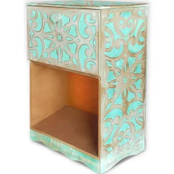 Table de chevet style oriental bois sculpté 1 porte Monbolyto Bois Vert