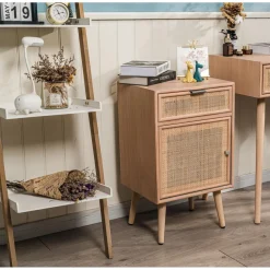 Table de chevet/appoint scandinave en bois et Cannage Rotin Marron