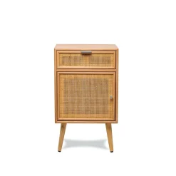 Table de chevet/appoint scandinave en bois et Cannage Rotin Marron