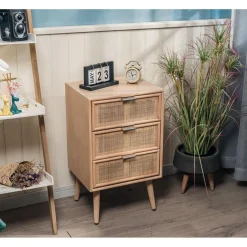 Table de chevet/chiffonnier scandinave en bois 3 tiroirs Cannage Rotin Marron