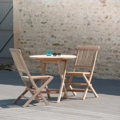 Table de jardin 2 personnes, ronde pliante 80 x 80 cm en bois Teck