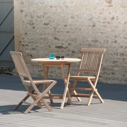 Table de jardin 2 personnes, ronde pliante 80 x 80 cm en bois Teck