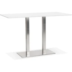 Table haute design blanche avec pied en métal brossé