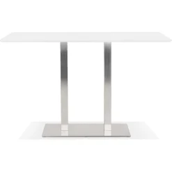 Table haute design blanche avec pied en métal brossé
