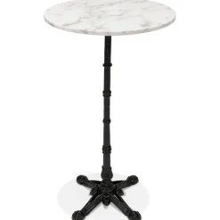 Table haute ronde 'DOMY ROUND' style rustique en pierre blanche effet marbre