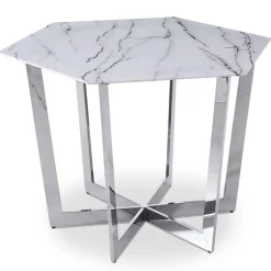 Table hexagonale 120cm Zadig Verre Effet marbre blanc et pied Métal Argent