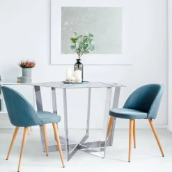 Table hexagonale 120cm Zadig Verre Effet marbre blanc et pied Métal Argent