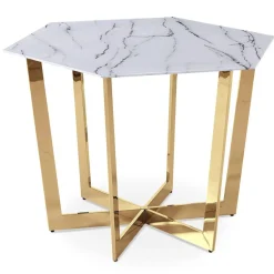 Table hexagonale 120cm Zadig Verre Effet marbre blanc et pied Métal Or