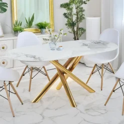 Table ovale Rusking Effet marbre blanc et pieds croisés Métal doré