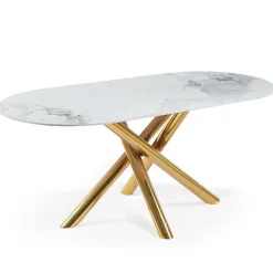 Table ovale Rusking Effet marbre blanc et pieds croisés Métal doré