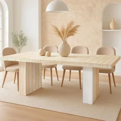 Table rectangulaire extensible Virzon Effet Travertin Beige et rainurage Blanc