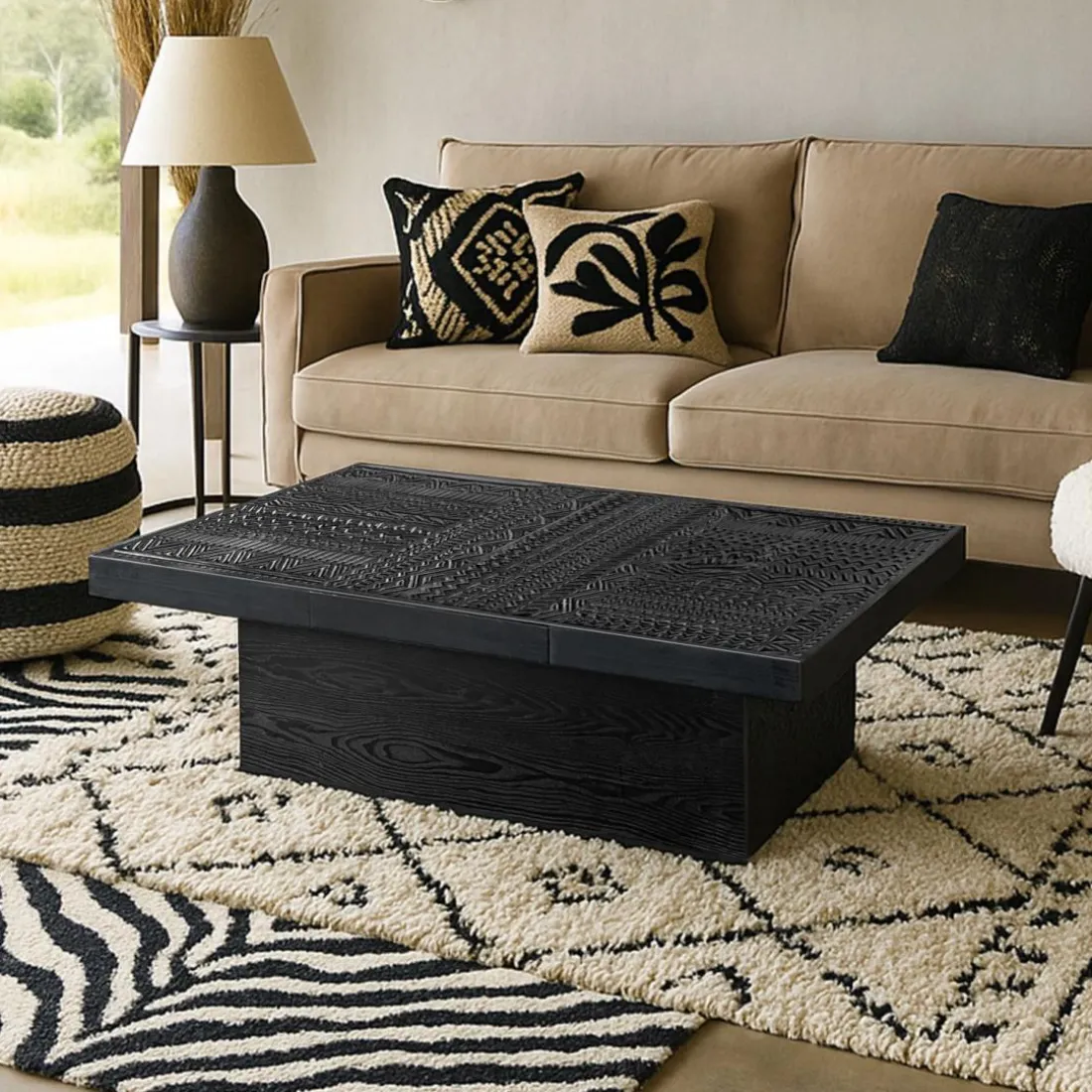 Table rectangulaire style ethnique Kinshasa 2 tiroirs Bois Noir