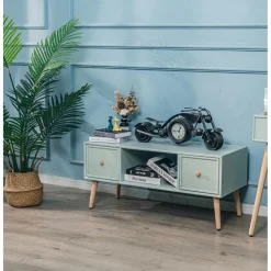 Table TV Scandinave en Bois - 2 Tiroirs Rangement AKITA - Verte