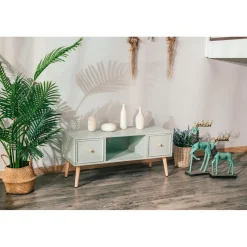 Table TV Scandinave en Bois - 2 Tiroirs Rangement AKITA - Verte