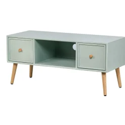 Table TV Scandinave en Bois - 2 Tiroirs Rangement AKITA - Verte