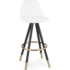 Tabouret de bar 'CLARISSE' en tissu bouloché blanc et 4 pieds en bois noir