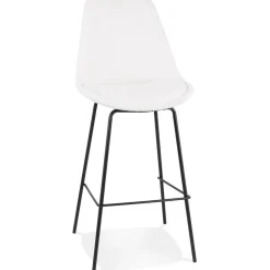 Tabouret de bar 'LEONIE' en tissu bouloché blanc et pied en métal noir