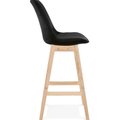 Tabouret de bar 'MORISS' en velours noir et pieds en bois naturel