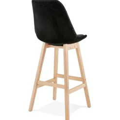 Tabouret de bar 'MORISS' en velours noir et pieds en bois naturel
