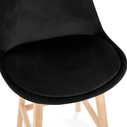 Tabouret de bar 'MORISS' en velours noir et pieds en bois naturel
