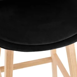 Tabouret de bar 'MORISS' en velours noir et pieds en bois naturel