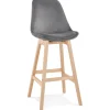 Tabouret de bar 'MORISS' en velours gris et pieds en bois naturel