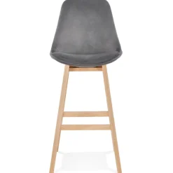 Tabouret de bar 'MORISS' en velours gris et pieds en bois naturel