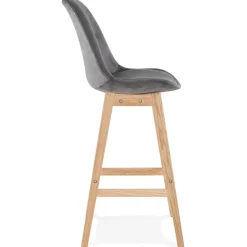 Tabouret de bar 'MORISS' en velours gris et pieds en bois naturel