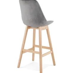 Tabouret de bar 'MORISS' en velours gris et pieds en bois naturel