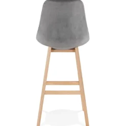 Tabouret de bar 'MORISS' en velours gris et pieds en bois naturel