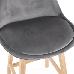 Tabouret de bar 'MORISS' en velours gris et pieds en bois naturel
