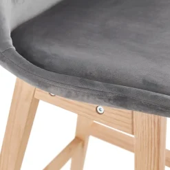 Tabouret de bar 'MORISS' en velours gris et pieds en bois naturel