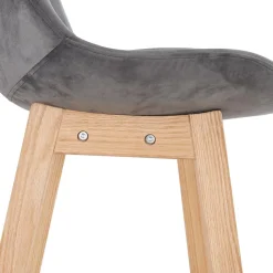 Tabouret de bar 'MORISS' en velours gris et pieds en bois naturel
