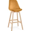 Tabouret de bar 'MORISS' en velours moutarde et pieds en bois naturel