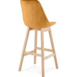 Tabouret de bar 'MORISS' en velours moutarde et pieds en bois naturel